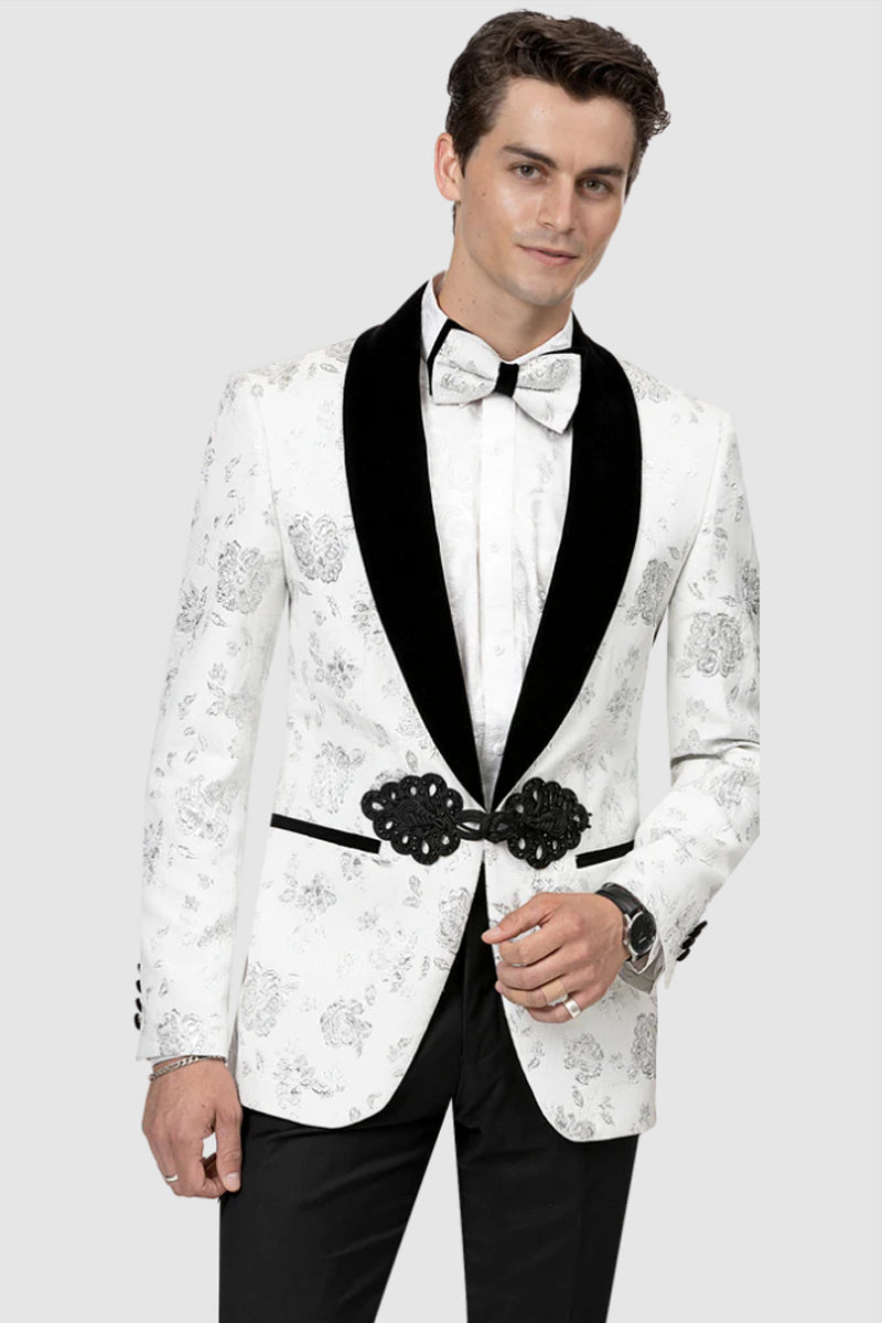 Mens Velvet Shawl Lapel Prom Tuxedo Smoking Jacket in White Paisley