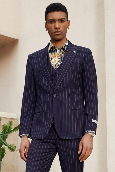 Men's Stacy Adam's One Button Vested Modern Suit in Midnight Purple Pinstripe