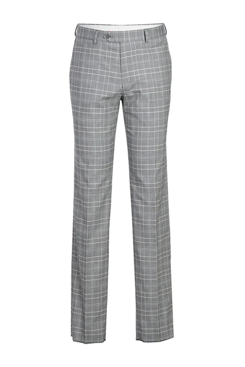Mens Designer Two Button Slim Fit Peak Lapel Suit in Light Grey Smoke Windowpane Plaid