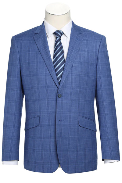 Mens Two Button Slim Fit Two Piece Suit in Light Blue Windowpane Plaid