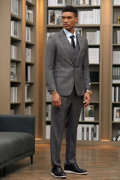 Men's Stacy Adams One Button Peak Lapel Suit with Double Breasted Vest in Charcoal Windowpane