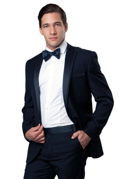 Men's Slim Fit One Button Satin Trim Peak Lapel Prom & Wedding Tuxedo in Navy Blue