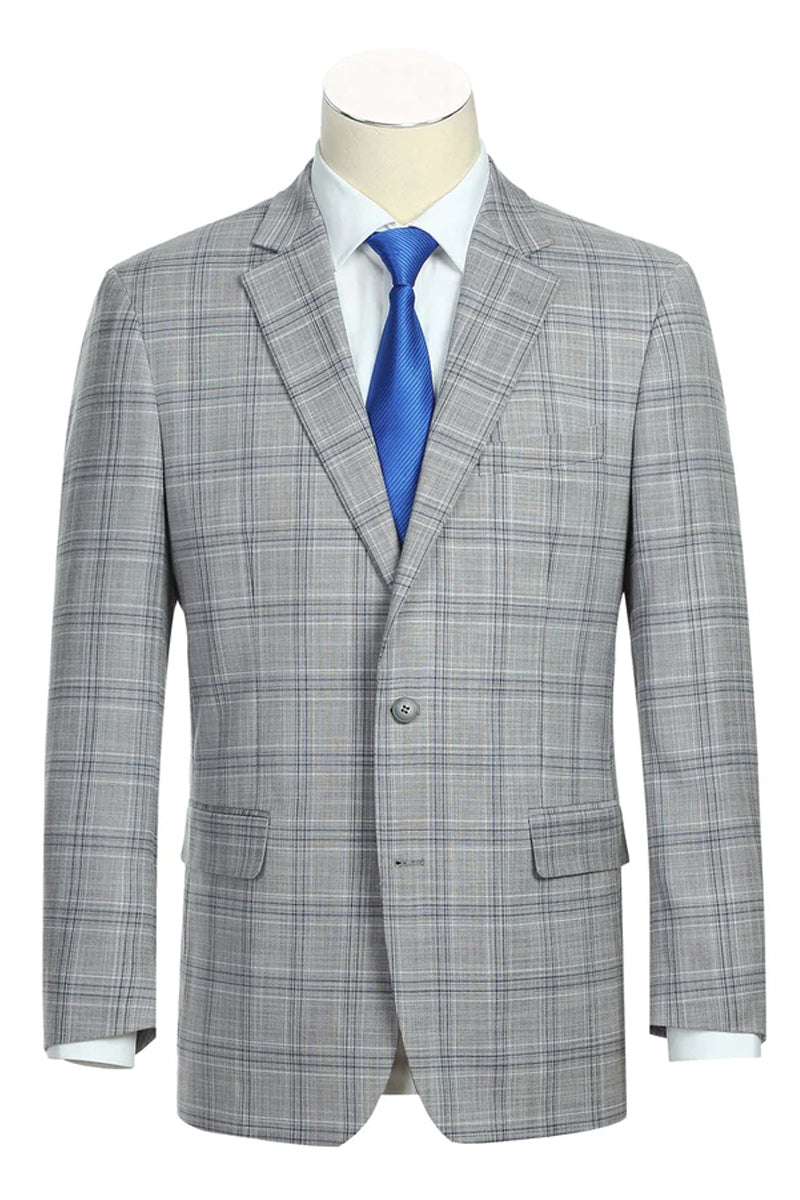Mens Classic Fit Two Button Suit in Light Grey and Navy Blue Windowpan ...