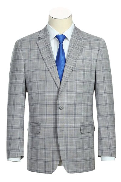 Mens Classic Fit Two Button Suit in Light Grey and Navy Blue Windowpane Plaid