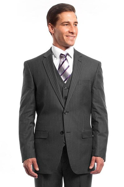 Men's Two Button Vested Business Suit in Grey Pinstripe