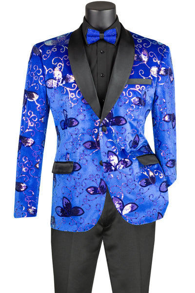 Mens Slim Fit Velvet Paisley Sequin Floral Prom Dinner Jacket in Royal Blue