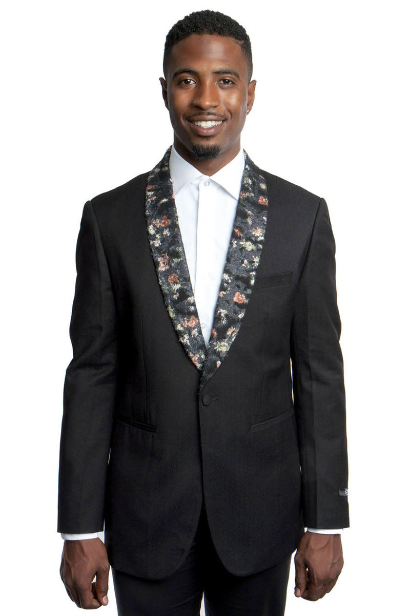 Men's One Button Slim Fit Dinner Jacket in Black with Floral Pattern Lapel