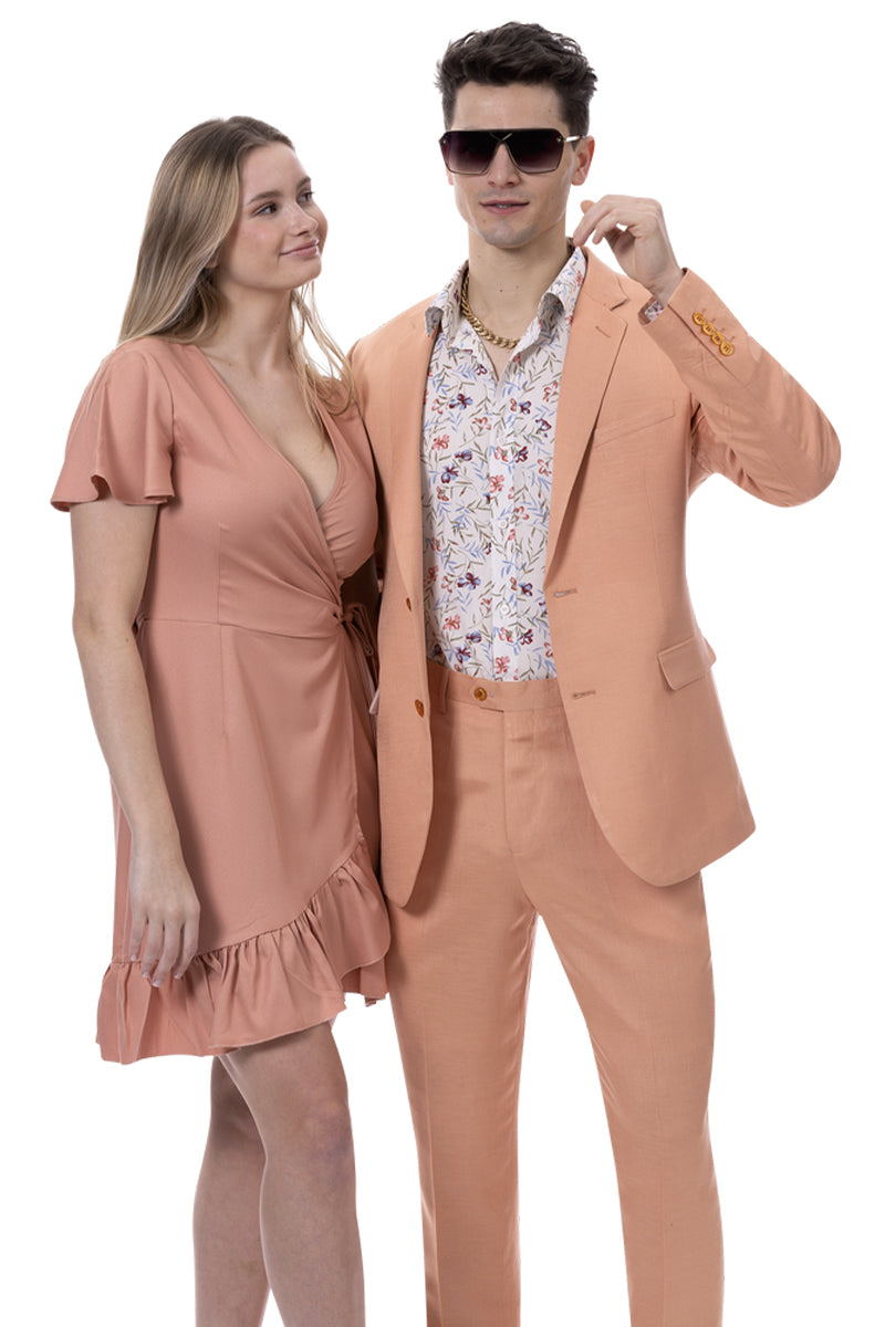 Men's Modern Fit Casual Summer Linen Suit in Salmon Coral Orange