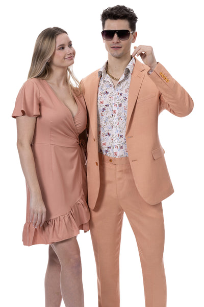 Men's Modern Fit Casual Summer Linen Suit in Salmon Coral Orange