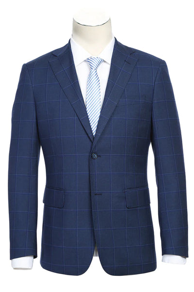 Mens English Laundry Two Button Slim Fit Notch Lapel Suit in Dark Navy Blue Windowpane Plaid Check