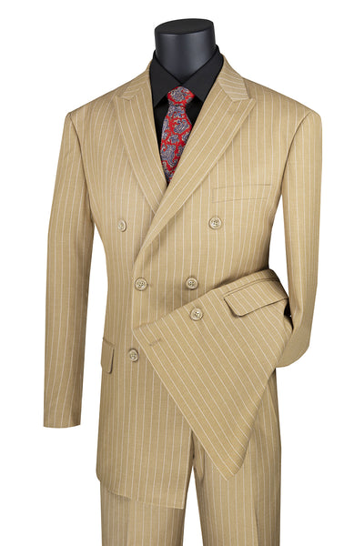 Mens Double Breasted Gangster Bold Pinstripe Suit in Camel