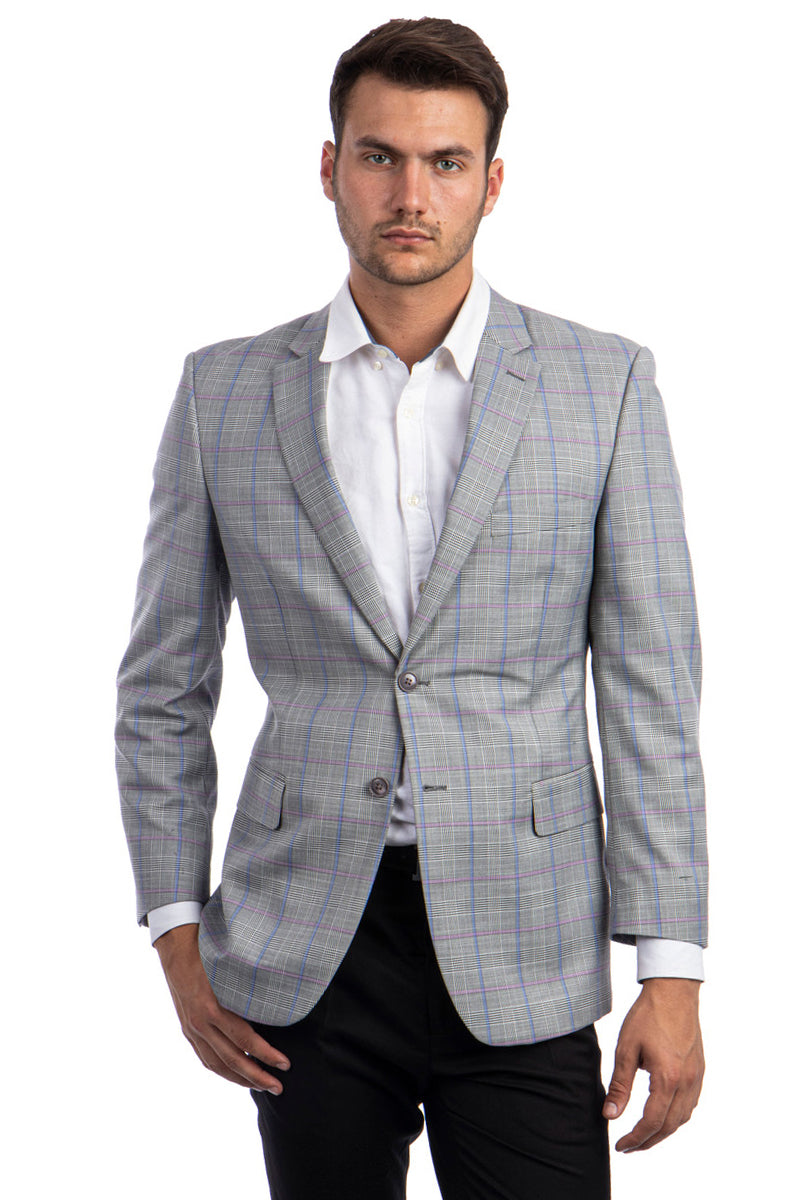 Men's Two Button Regular Fit Sport Coat in Light Grey with Blue & Pink Windowpane Plaid