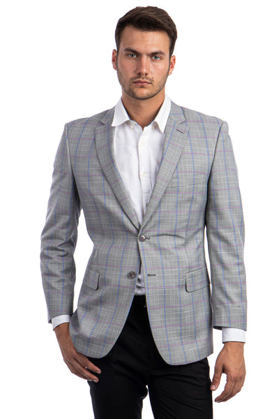 Men's Two Button Regular Fit Sport Coat in Light Grey with Blue & Pink Windowpane Plaid