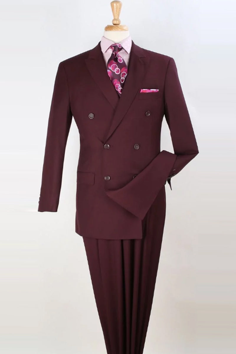 Mens Classic Double Breasted Luxury Wool Feel Suit in Burgundy