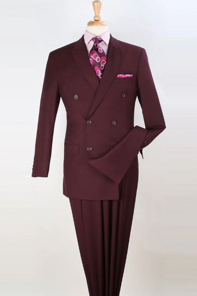Mens Classic Double Breasted Luxury Wool Feel Suit in Burgundy
