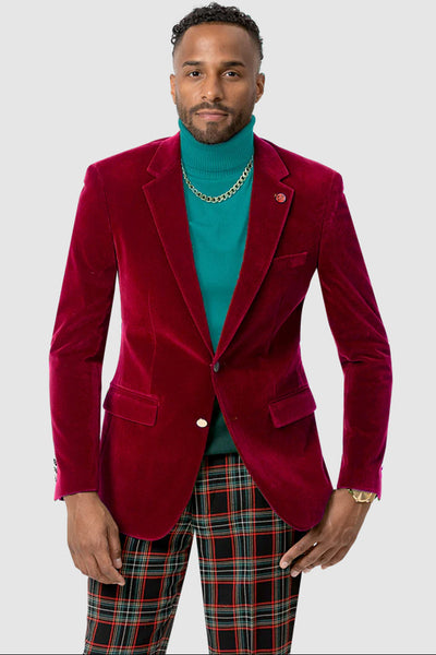 Mens Two Button Modern Fit Velvet Blazer in Red