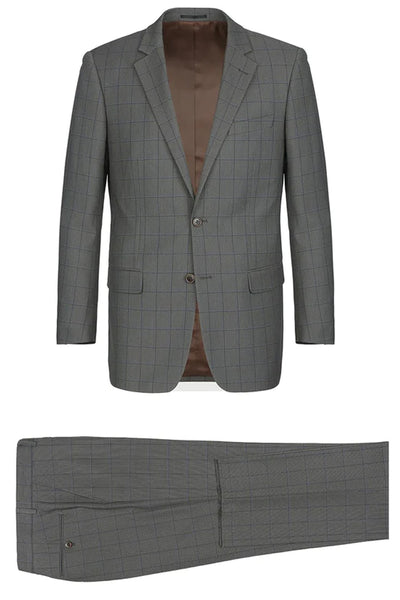 Mens Two Button Classic Fit Two Piece Suit in Grey Windowpane Plaid