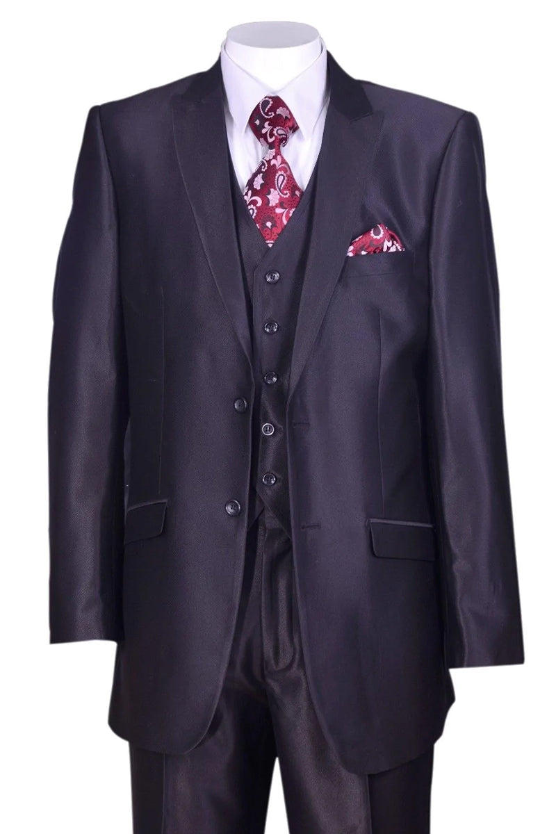 Mens 2 Button Vested Slim Fit Shiny Sharkskin Suit in Grey