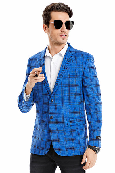 Men's Two Button Slim Fit Glen Plaid Sport Coat Blazer in Royal Blue