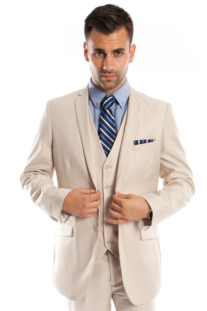 Men's Two Button Slim Fit Basic Vested Wedding Suit in Tan