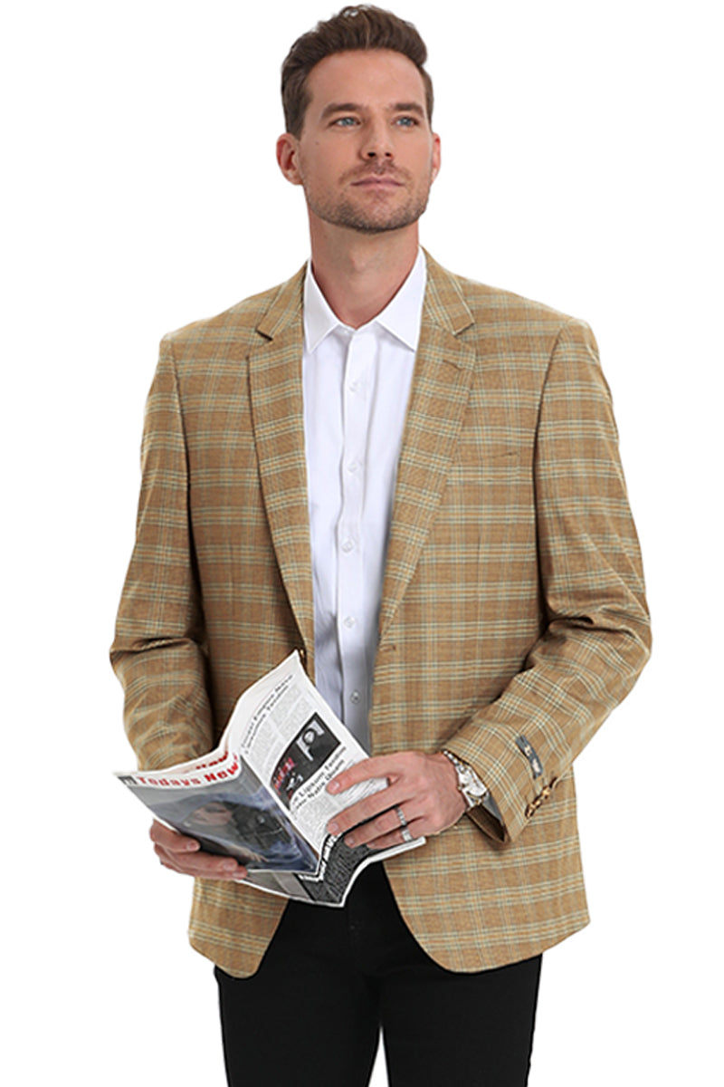 Men's Two Button Business Casual Double Windowpane Sport Coat in Camel & Teal