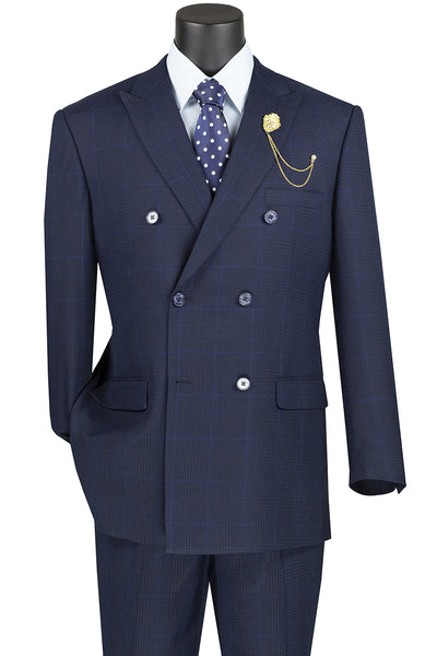 Mens Double Breasted Windowpane Plaid Suit in Navy Blue Blue
