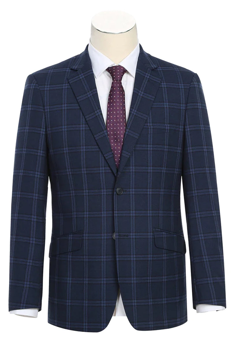 Mens Slim Fit Two Button Stretch Suit in Dark Navy Wide Windowpane Plaid