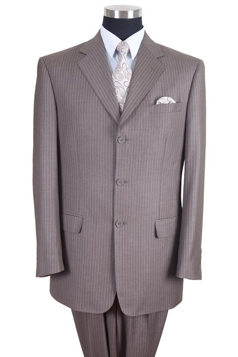 Mens Classic Fit 3 Button Banker Pinstripe Suit in Tan