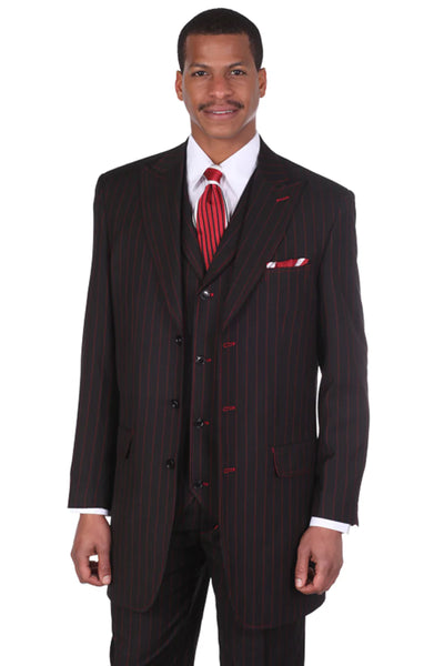 Mens Vintage Vested Gangster Bold Pinstripe Fashion Suit in Black and Red