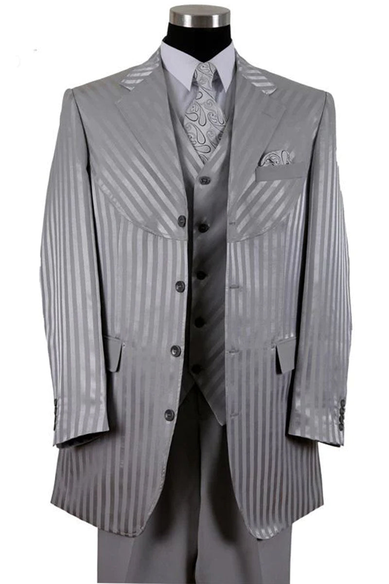 Mens 4 button Semi Wide Leg Shiny Tonal Stripe Fashion Suit in Silver