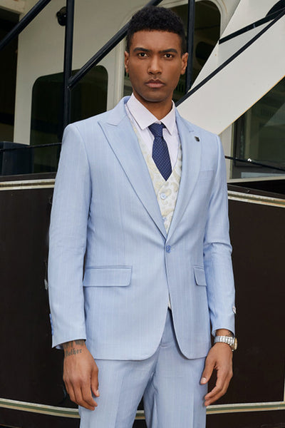 Men's Stacy Adam's One Button Vested Modern Suit in Light Blue Pinstripe