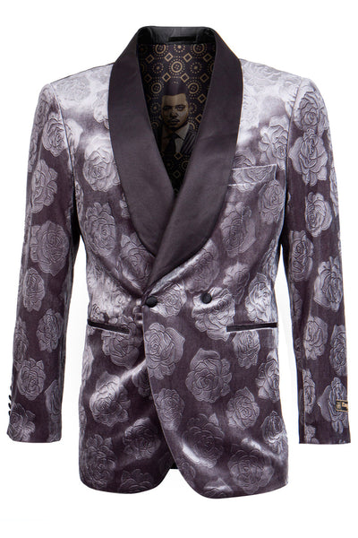 Men's Double Breasted Floral Rose Print Velvet Smoking Jacket in Grey