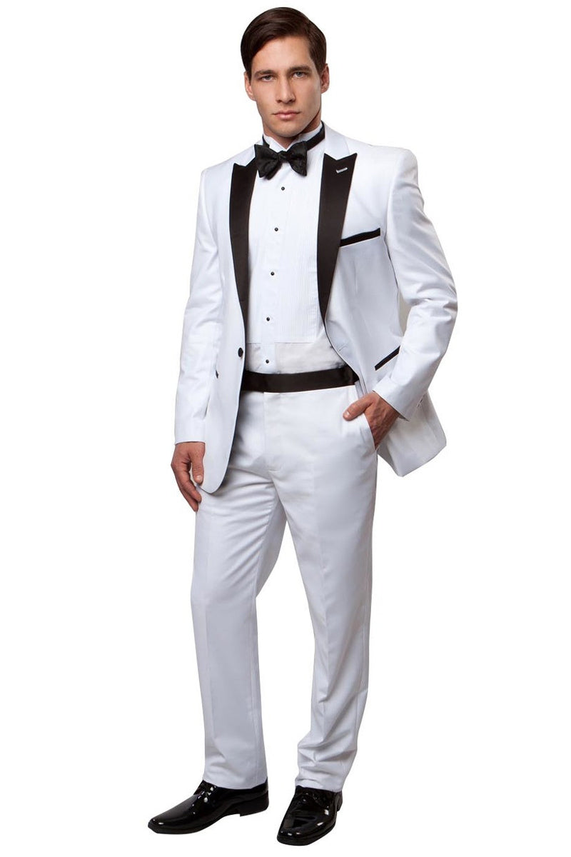 Men's Slim Fit One Button Peak Lapel Wedding Tuxedo in White & Black