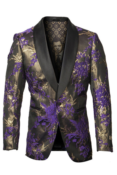 Men's Shiny Satin Paisley Prom Tuxedo Jacket in Purple & Gold