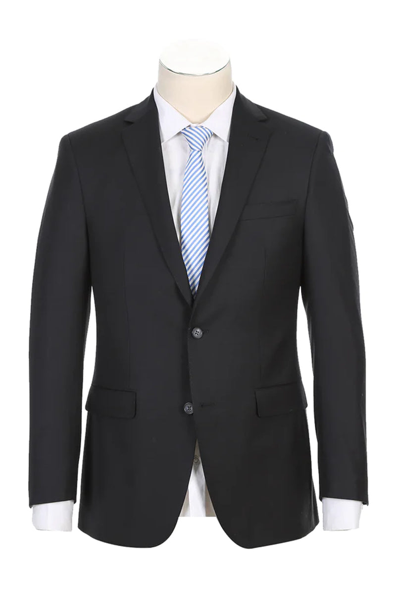 Mens Designer Two Button Modern Fit Half Canvas Wool Suit in Black ...