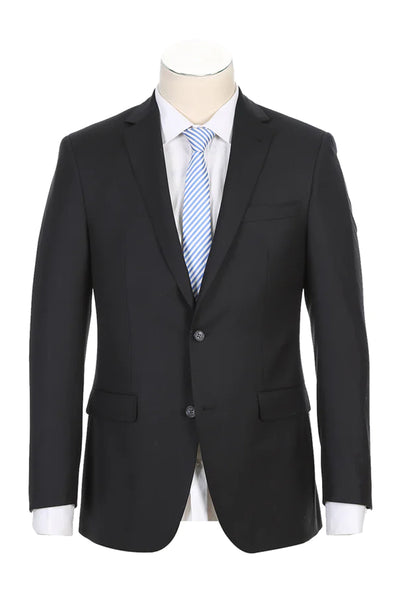 Mens Designer Two Button Modern Fit Half Canvas Wool Suit in Black