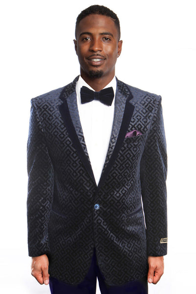 Men's Diamond Print Retro Velvet Prom Tuxedo Jacket in Navy