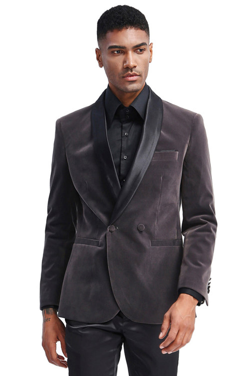 Men's Slim Fit Double Breasted Velvet Smokin Jacket in Grey ...