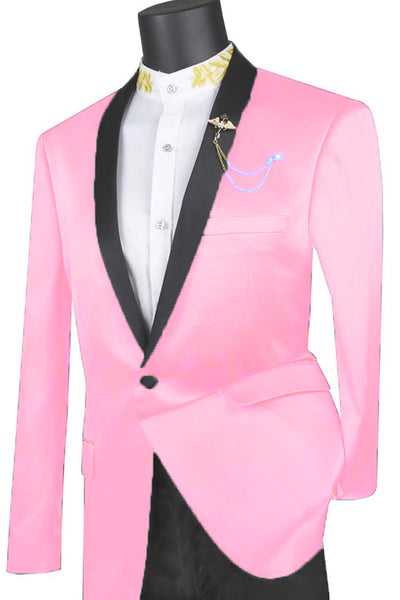 Mens Slim Fit One Button Shiny Satin Tuxedo Jacket in Pink