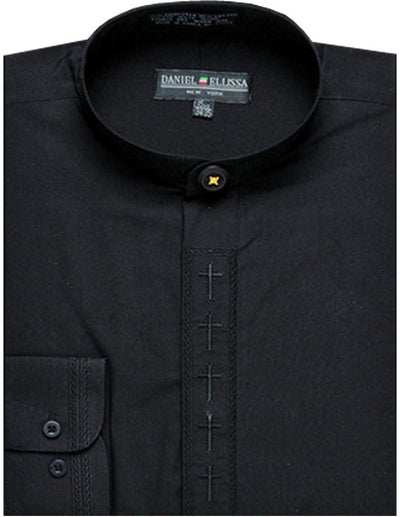 Men's Cross Embroidered Banded Collar Dress Clergy Shirt in Black