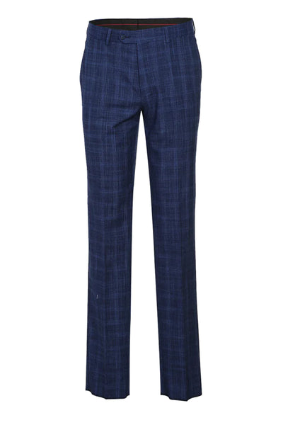 Mens Designer Two Button Slim Fit Notch Lapel Suit in Dark Blue Windowpane Plaid Weave