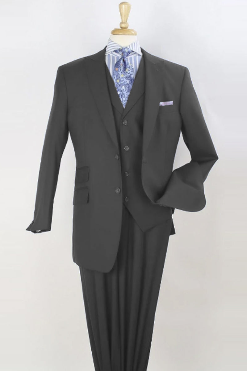 Mens Charcoal Grey Wide Peak Lapel Vested Suit in Super 150's Merino W ...