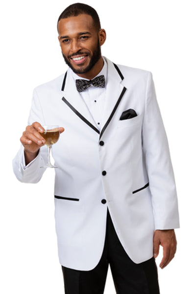 Mens Three Button White Tuxedo with Black Trim