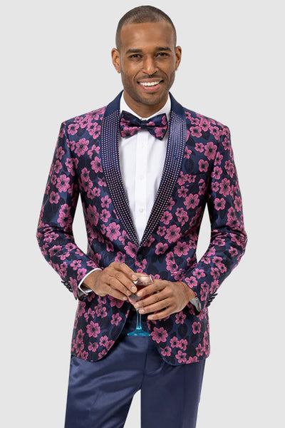 Mens Studded Shawl Lapel Prom Tuxedo Blazer in Navy Blue and Magenta Floral Pattern