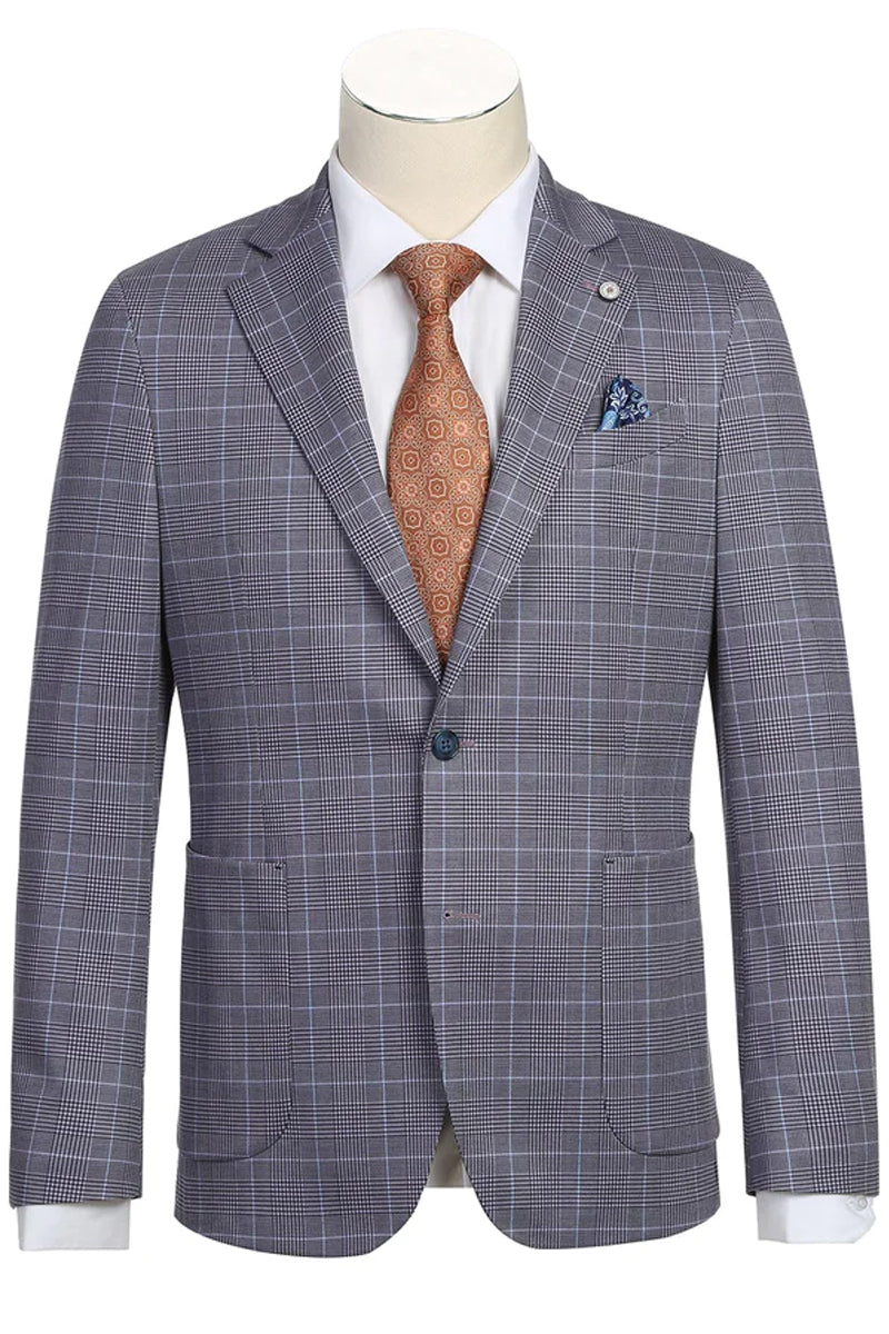 Mens Half Canvas Unconstructed Sport Coat Blazer in Grey Blue Windowpane Plaid