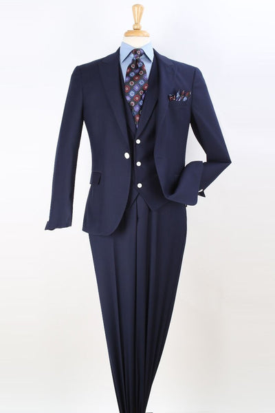 Mens Modern Fit One Button Peak Lapel Vested Fashion Suit in Navy Blue