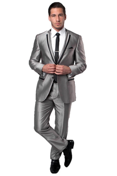 Men's Two Button Slim Fit Wedding & Prom Tuxedo Suit in Shiny Silver Sharkskin with Black Piping