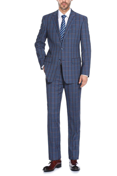 Mens Two Button Classic Fit Stretch Suit in Blue Windowpane Plaid