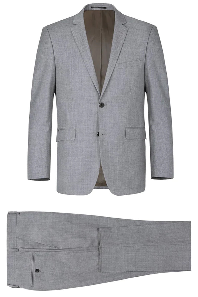 Mens Basic Two Button Slim Fit Wool Suit with Optional Vest in Light Grey