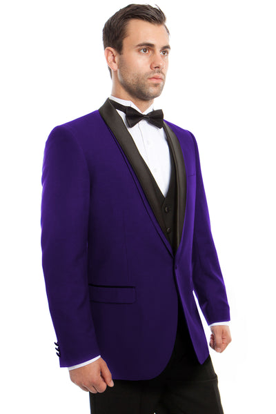 Men's One Button Vested Satin Trimmed Shawl Lapel Tuxedo in Purple